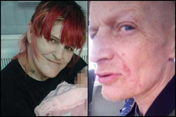 Side‑by‑side composite image showing two separate portraits: a woman with red hair holding a baby, and a man with short hair wearing a dark jacket and patterned blue shirt.