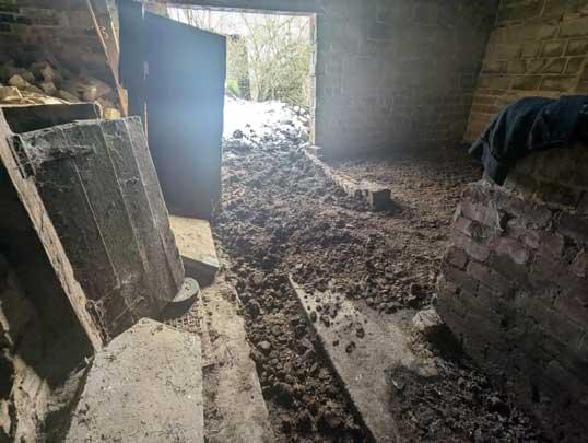 A dirty, poorly maintained stable with soiled bedding, clutter, and unsafe conditions unsuitable for housing a horse