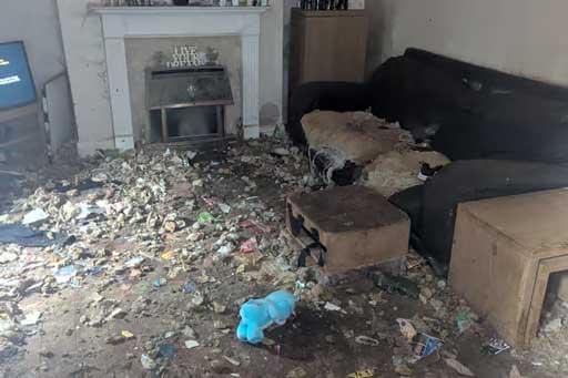 A cluttered and dirty living room with rubbish scattered across the floor. A damaged sofa and ottoman sit near a fireplace, and a blue dog toy lies among the debris. The room appears heavily neglected and unmaintained.